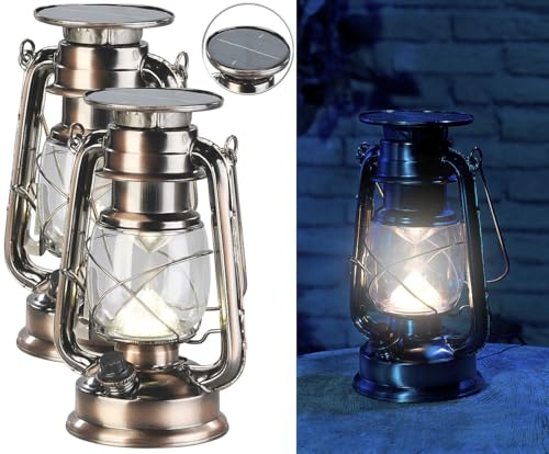Lunartec Windlicht: 2er-Set helle Solar-LED-Sturmlampe, 200 lm, 3 W, warmweiß, Bronze (Sturmlaterne LED Solar, dimmbare Sturmlampe, Panel)