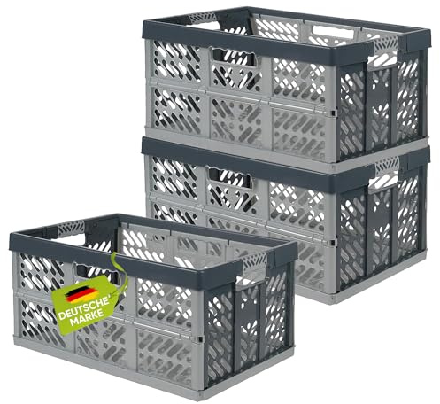 homesti Klappbox 45 L bis 50 kg, 3er Set, 54 x 36 x 28 cm, Einkaufskorb in Silber, stabil, faltbar, Soft-Touch Griffe, lebensmittelecht, pflegeleicht
