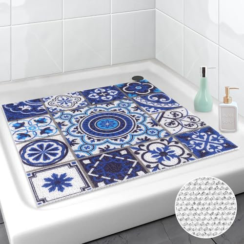 Lurowo Duschmatte rutschfest, PVC-Luffa Duschmatte Massage, Weich Komfort Duschwanneneinlage, schnell trockend Dusch Rutschmatte für Badezimmer Duschwannen (Blau, 60 x 60 cm)