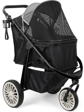 DAISTERN Hundebuggy bis 30 kg, Klappbarer Aluminium-Hundewagen, Gepolsterte Liegefläche, Schwenkbares Vorderrad, Große Hinterrad, Hinterradbremsen, Verstellbarer Griff, Sicherheitsleine, Grau