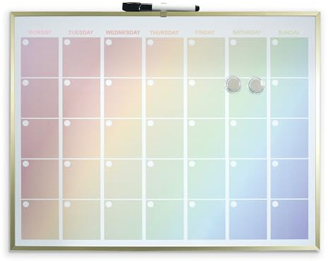 Rainbow-Effect Magnetic Dry Erase Board with Gold Aluminium Frame – Modern Colourful Design Day & Month Planner Whiteboard for Kitchen, Office, Study, Bedroom, Functional Home Decor – H43 x W58cm