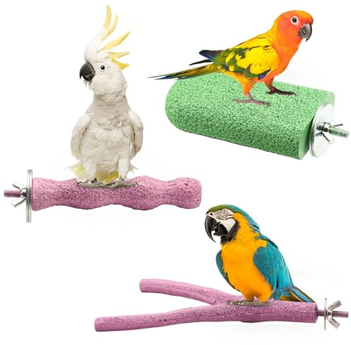 3 Pack Bird Perch Stand Parakeet Chew Toys, Parrot Cage Accessories Rough-Surfaced Beak Paw Grinding Resin Stone Nail Trimming Stick Platform for Cockatiel Budgie Rat, 3 Colors B