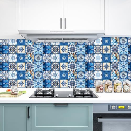 Mosaikfliesen Blau Beige Mandala Fliesenaufkleber PVC Hitzebeständig Klebefliesen Küche Bad Wasserdicht Tile Sticker Ölfest Selbstklebende Fliesen Badezimmer Küchenrückwand 10x10cm/20 Pcs