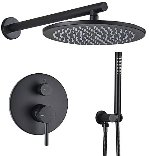 SdaryWare Messing-Schwarz-Duschset, Badezimmer-Wasserhahn, Duscharm, Umsteller, Mischbatterie, Handbrause-Sets mit Regenduschkopf für die Wand (20,3 cm Wand)