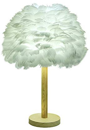 SSNCcNC E27 Kreativ Weiß Feder Tischlampe Minimalismus Modern Mädchen Schlafzimmer Nachttischlampe Holzbasis Kunst Dekoration Nachtlicht Studie Kinderzimmer Schreibtischlampe Tischleuchte