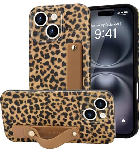 LAPOPNUT Kompatibel mit iPhone 15 Hülle mit Band Silikone Dünn Leopard Motiv Flexibel Fein Fraue Mädchen Stoßfest Case Schutzhüllee Kompatibel mit iPhone 15 Khaki