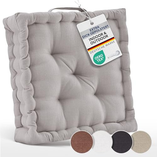 Beautissu Bodenkissen Sitzkissen 50x50 cm - Dickes Matratzenkissen 10cm - 100% Baumwolle Stuhlkissen Indoor & Outdoor Sitzkissen Boden Tragegriff extra Dicke Sitzauflagen Taupe - Mila