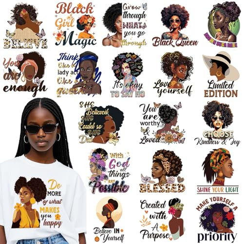 Dazoratix Black Girl Iron on Transfers - 20 Sheets African American Women DTF Ready to Press Inspirational Heat Transfer Stickers Patches Vinyl Decals for T Shirts Appliques Clothes Hoodie DIY Crafts
