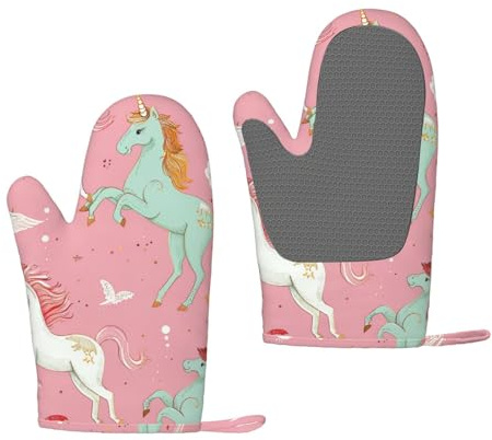 Einhörner rosa bedruckte Silikon-Ofenhandschuhe, 2-teilig, hitzebeständig, wasserdicht, Backhandschuhe, Kochhandschuhe