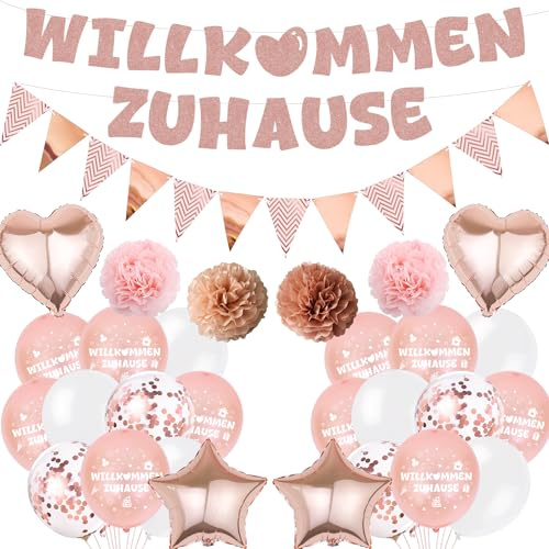 Willkommen Zuhause Deko Girlande Ballons - Welcome Home Dekoration Banner Luftballons und Wimpel, Papier Pompons Folienballon für Babyparty Empfang Familienfeiern