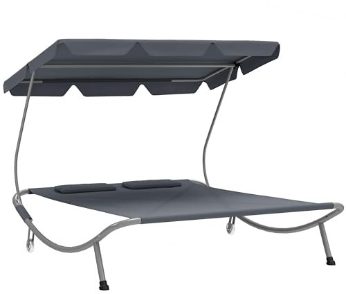 Outsunny Double Sun Lounger with Adjustable Detachable Canopy, Portable Garden Daybed for 2 with Wheels, Outdoor Sunbed Hammock with 2 Pillows, 220 KG Max. Load, Light Grey