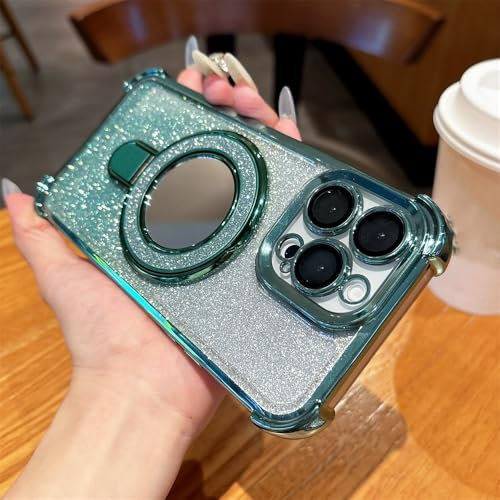 KTUCN Custodia per telefono con supporto magnetico con specchio glitterato per iPhone 14 15 16 Plus 13 12 11, custodia protettiva con paraurti placcato, verde, per iPad Pro 13 (2024)
