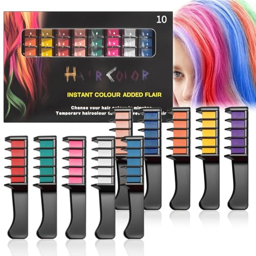 Haarkreide Kamm Set, Temporäre Haarfarbe für kreative Stylings, Sofortiger Farbeffekt ohne Einwirkzeit, Auswaschbar & Schonend für das Haar (10 Farben Set, 10 Stück)