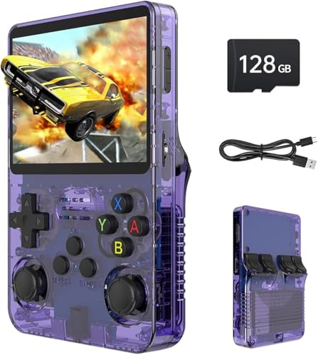 R36S Console di gioco portatile retrò, schermo HD IPS da 3,5 pollici, spazio di archiviazione 128 GB, oltre 30+ emulatori, Viola