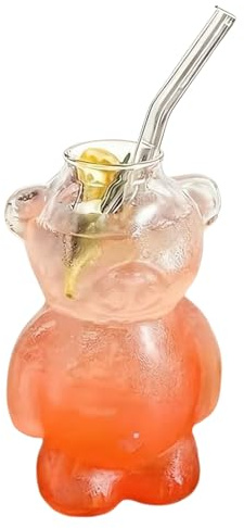 Cute Glass Cups, Bear Clear Tumbler with Straw for Hot and Cold Drinks, Transparent Coffee Drinkware, Iced Tea Milk Juice and Water, Ideal for Home Office Bar Party Beverage Serving or Gift
