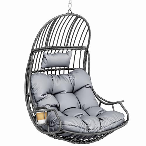 YITAHOME Hängesessel Eierschaukel 150 kg Belastbarkeit, Rattan Schaukelsessel mit Kissen & Getränkehalter, Hängekorbstuhl für Garten, Terrasse, Balkon, Wohnzimmer, Grau