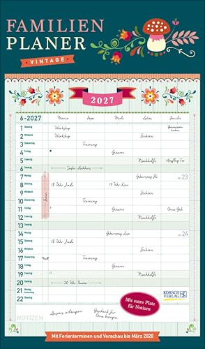 Familienplaner Vintage 2027: Familienkalender, 5 große Spalten. Familientimer mit Ferienterminen, extra Spalte und Vorschau bis März 2027. Format: 27 x 46 cm
