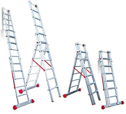 Faraone - Escalera Multiuso EN 1506 - Escalera 3 Tramos - Escalera 5+6+6 peldaños - 195x56x20cm - Peldaños Cómodos - Escalera de Aluminio - Ligera y Fácil de Manejar - Peldaños Antideslizantes