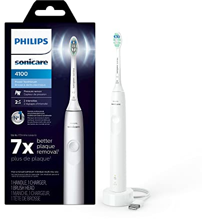 Philips Sonicare Spazzolino Elettrico Ricaricabile 4100, con Sensore di Pressione, 2 Impostazioni di Intensità, SmarTimer e QuadPacer, Durata della Batteria 14 Giorni, Bianco, Modello HX3681/23