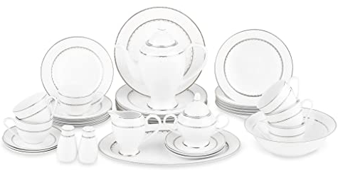 KATE - Set di stoviglie 37 pezzi, colore: bianco, argento
