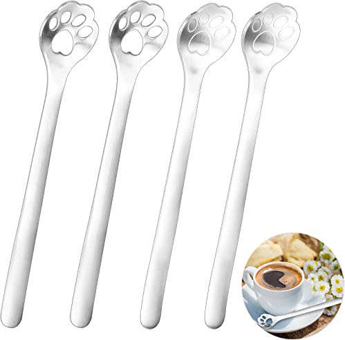 AMJKEJI 4 Piezas Cuchara de Café, Cuchara de Cata de Café de Acero Inoxidable, Creativa Forma de Pata de Gato Cuchara de Postre para Café Té Leche Postre Batido