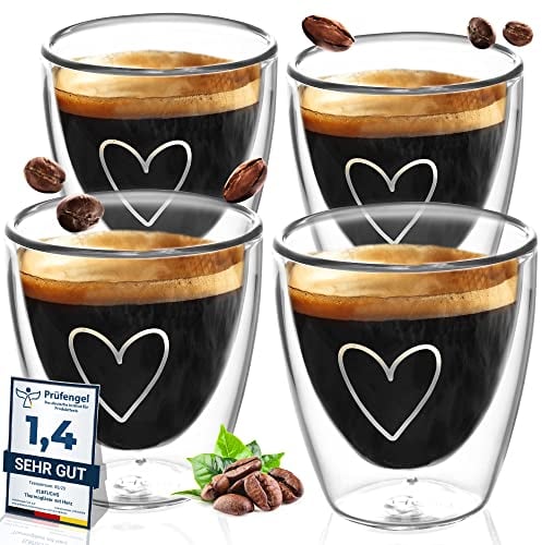 ElbFuchs® Espressotassen Set HERZ [4x 80ml] Doppelwandige Espresso Gläser Set | Thermogläser doppelwandig | Ausgefallene Espressotassen Glas ohne Henkel für alle Espressomaschinen