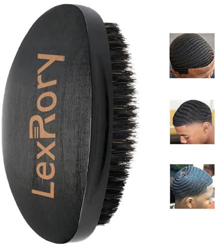 360 Curved Wave Brush For Men - Medium Hard Palm Wave Hair Brushes - Made with Beech Mix Nature Boar Bristle Brush For Black Hair (Black)
