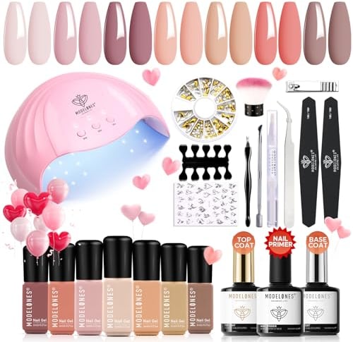 Modelones Gel Nail Polish Kit with 48W LED Nail Lamp Gel Nail Starter Kit, 22 Pcs Nude Pink Soak Off Nail Gel Polish Set No Wipe Base & Top Coat Nail Bond Primer Essential Manicure Tools Diy Home