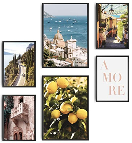 decomonkey | 6er Poster Set OHNE Bilderrahmen | Reisen Aesthetic | 4 x DIN A4 & 2 x DIN A3 | Wohnzimmer Schlafzimmer Wandposter Blider Collage Modern Wanddeko Italien Altstadt Strand Meer Natur