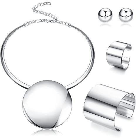 Kakonia Statement Chunky Schmuck Set Choker Ohrringe Armband Ring Silber Runde Anhänger Halskette Nigerian Kostüm Partei Afrikanischer Schmuck Zubehör für Frauen und Mädchen
