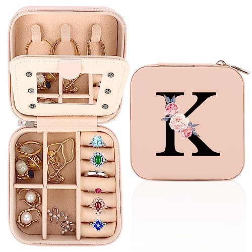 FIDWALL Schmuckkästchen Reise,Schmuck Reiseetui fuir Damen,Personalisierte Schmuckkästchen von A bis Z,Kleine Schmuck-Organizers mit Spiegel,Geschenk zum Frauengeburtstag,Geschenk zum Muttertag.(K)