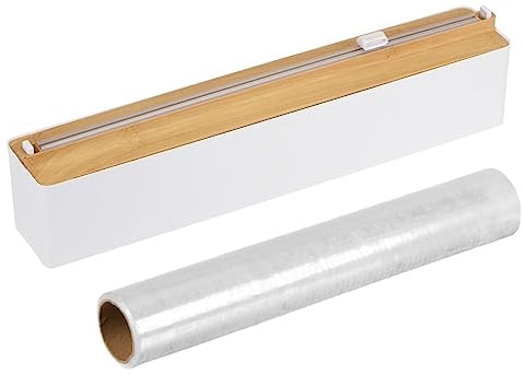 sourcing map 14x2.6 Plastic Wrap Dispenser with Cutter and Magnetic Bottom, Suitable for Tin Foil, Plastic Cling Wrap, Aluminum Foil - Wood Color