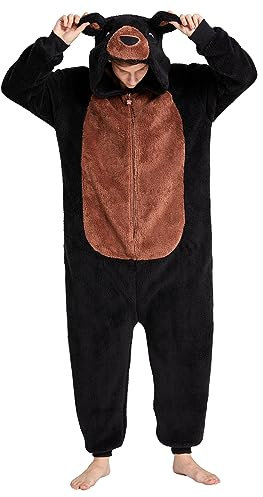 Loiahoer Unisex Erwachsene Bär Onesie Kostüm Pyjama Halloween Cosplay Kostüm Neuheit Tier SHU Velveteen Weihnachten Schlafanzug Pyjamas Set für Familie & Paare,Schwarz,M