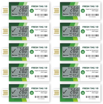 Freshliance Temperatur Datenlogger mit großem LCD-Bildschirm, 30000 Messwerte hohe Genauigkeit Einweg-Temperaturrecorder mit PDF&CSV-Berichte 7 Tage 10 Packung, Fresh Tag 1D