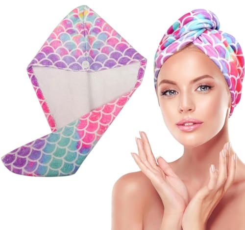 INGJIA Haarturban Baumwolle 100%, Rosa Meerjungfrau Schuppen, mit 1 Knopf, Turban, Haar-Handtuch Knopf schnelltrocknend