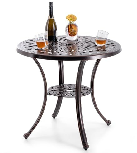 TANGZON Outdoor Dining Table, 61cm/79cm Cast Aluminum Patio Round Table with Umbrella Hole & Elegant Pattern, All-weather Garden Furniture for Lawn, Backyard, Balcony (Round with Shelf, 79 x 79cm)