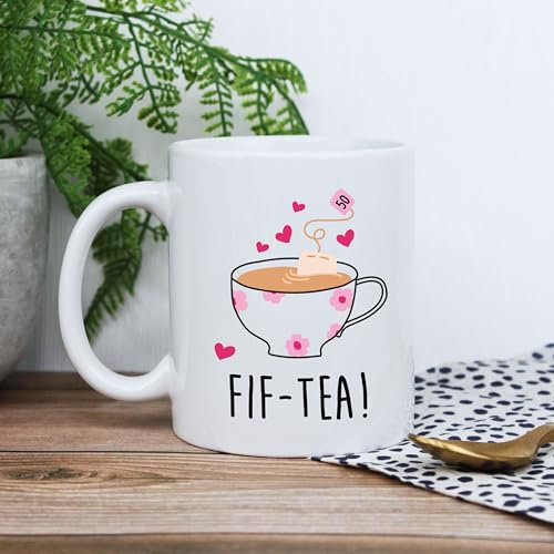eBuyGB Printed White Colour Coffee Mug -FIF-Tea Design - 310ml Tea Cup, 50th Milestone Birthday Gifts for Women, Her - Fiftieth Gift for Mum, Friend, Sister, Auntie