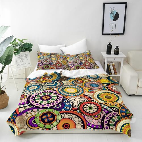ANHOPE Bunte Geometrisch Blume Bettwäsche Set 2 Teilig Bettbezug 140x200 cm + Kissenbezug 65x65 cm Weich Microfaser Bettbezüge Set mit Reißverschluss Bettdeckenbezug für Kinder Mädchen