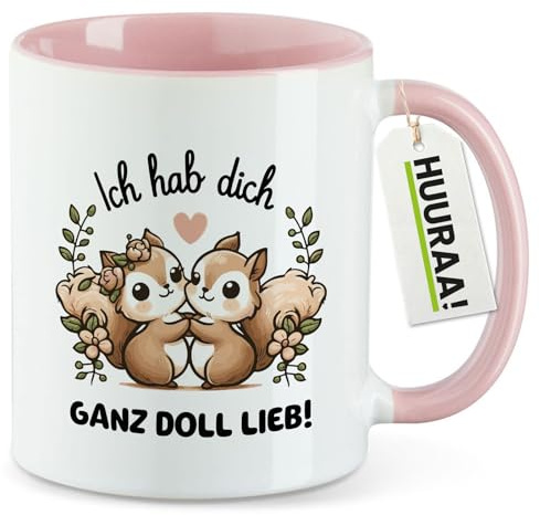 Huuraa Kaffeetasse Ich hab dich ganz doll lieb Einchhörnchen Geschenk | Motivtasse 330ml Rosa Keramik Tasse mit Spruch Kaffeebecher Geschenkidee Becher mit Motiv