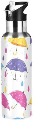 Umbrella Rainbow Water Bottle Drink Flask with Straw Lid Insulated Stainless Steel Thermos Bottle for Boys Girls Gym Sports Leakproof 600 ml