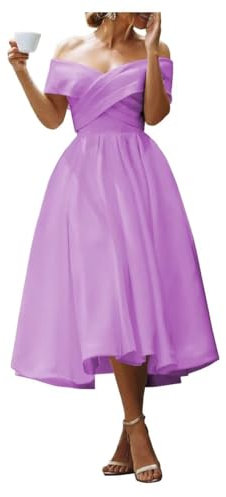 Lilac Off Shoulder Prom Dress Fluffy Tea Party Dress with Pockets Womens Midi Formal Dress Lilac Size UK8/EU36