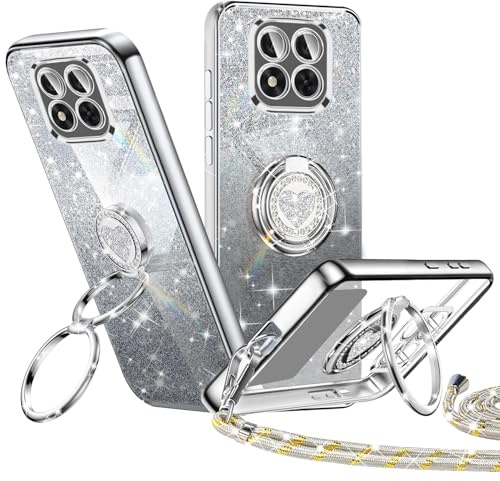 Handyband für Xiaomi Redmi Note 14 Pro 5G Hülle mit Band, Silikon Handyhülle mit Herzen Doppelring Ständer Luxus Glitzer Frauen Mädchen Elektroplattiert Schutzhülle für Poco X7 5G Case, Silber