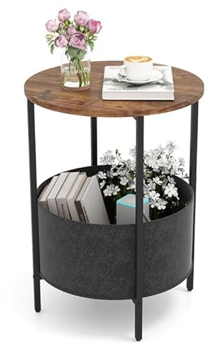 GIANTEX 2-stöckiger runder Beistelltisch, Sofaspitze mit Textilkorb, Metallrahmen, niedriger Beistelltisch Nachttisch, Wohnzimmer, Schlafzimmer, Büro, 44 x 60,5 cm (Kaffee)