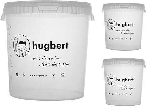 HUGBERT Gärbehälter mit Bohrung 30L /33L - Gäreimer mit Skala und Deckel- Eimer Gärfass für Wein und Bier - 3 Stück