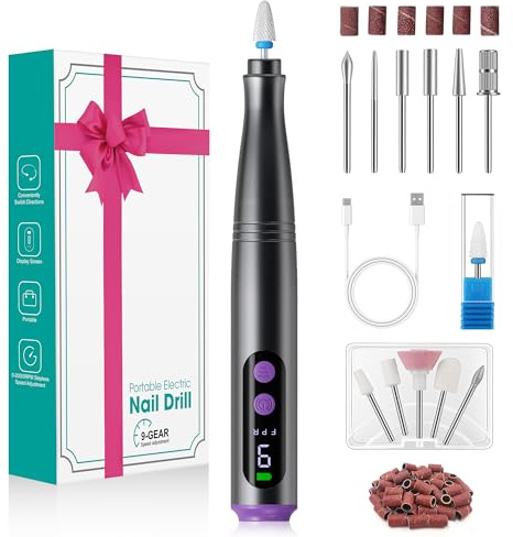Torno para Uñas Profesional 12 en 1 Lima Eléctrica Uñas Inalámbrica con Pantalla LCD, 20000 RPM con 9 Velocidades, Recargable USB-C, Set Pulidor Uñas Portátil para Uñas de Gel, Acrílicas y Cutículas