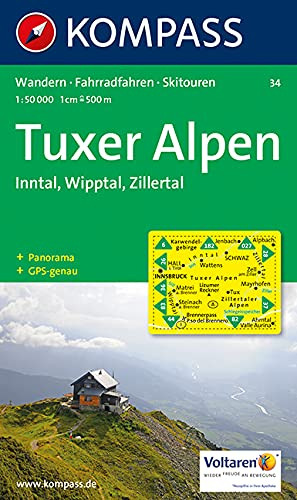 Tuxer Alpen, Inntal, Wipptal, Zillertal: Wanderkarte mit Radrouten, Skitouren und Panorama. GPS-genau. 1:50000