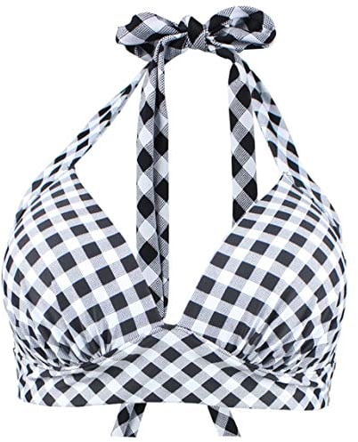 Viloree Women's Triangle Bikini Top Halter Neck Padded Non-wiBlack Plus Size Black & White Check M