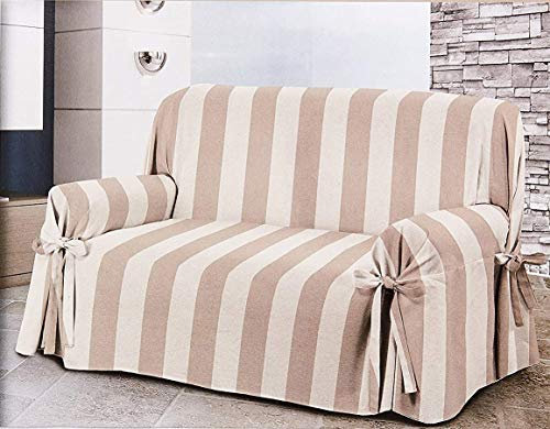 Homelife Maschinenwaschbare,gestreifte Baumwoll-Sofabezüge,2-Sitzer,Schutz vor Staub,Schmutz,Flecken,Hunde- / Katzenhaar - Gestreift Dreisitzer Beige/Creme