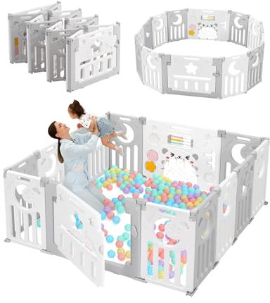 Dripex Parc Bébé Modulable et Pliable avec Porte et Panneau d'Activité, Parcs Enfant Modulable 14 Panneaux Plastique, 150x150x62cm, Facile à Assembler et Transporter en Intérieur/Extérieur, Gris