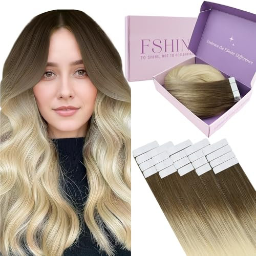 Fshine Haarverlängerungen Echthaar Extensions Tape 55cm 50g 20 Stücke Seidig Echthaar Tape in Extensions Ombre Dunkelbraun bis Platinblond Farbe 3 8 613